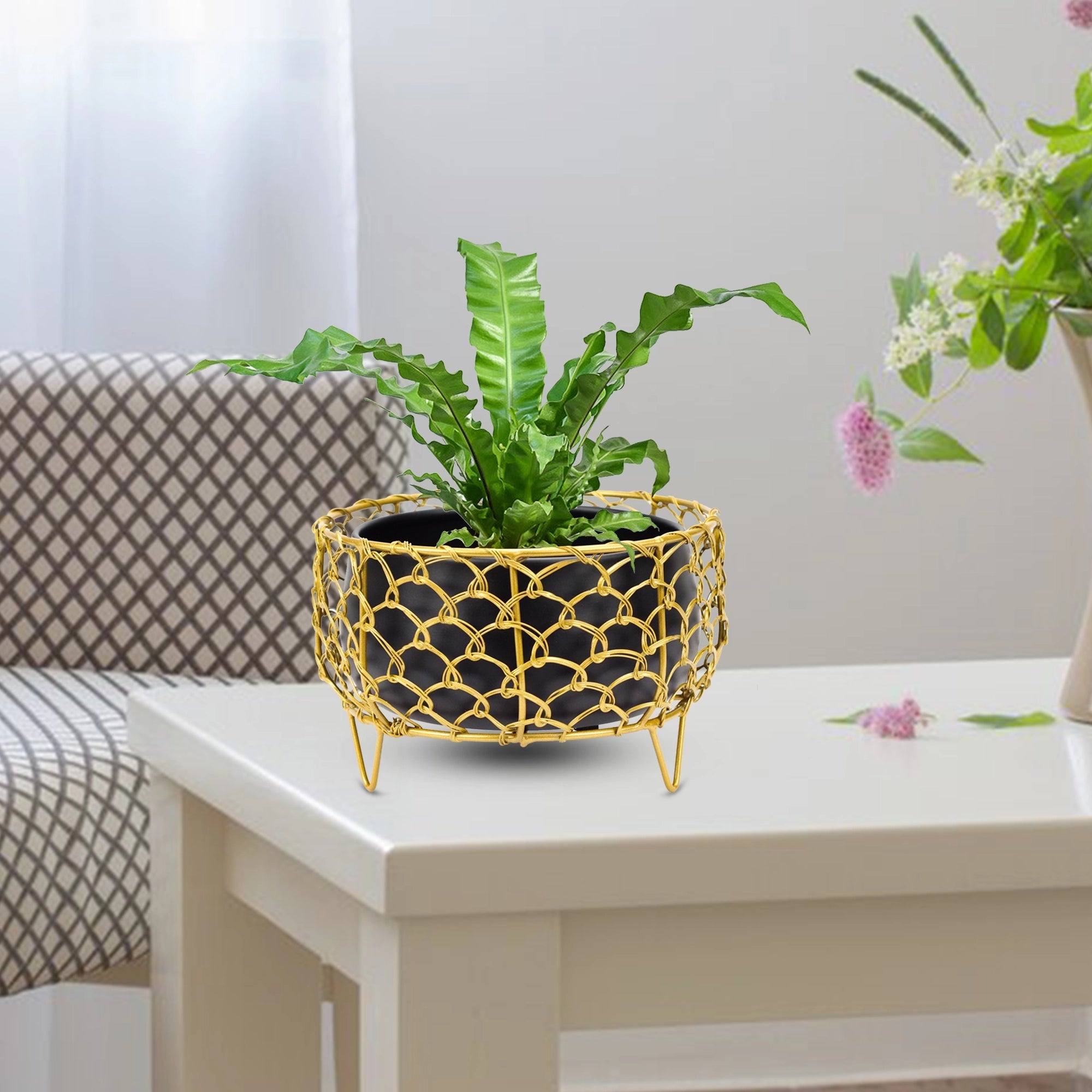 Golden Cage Metal Planter | Modern Designer Planter Pots for Living Room - 4.3" - 1334 Metal Planter Urban Plant 