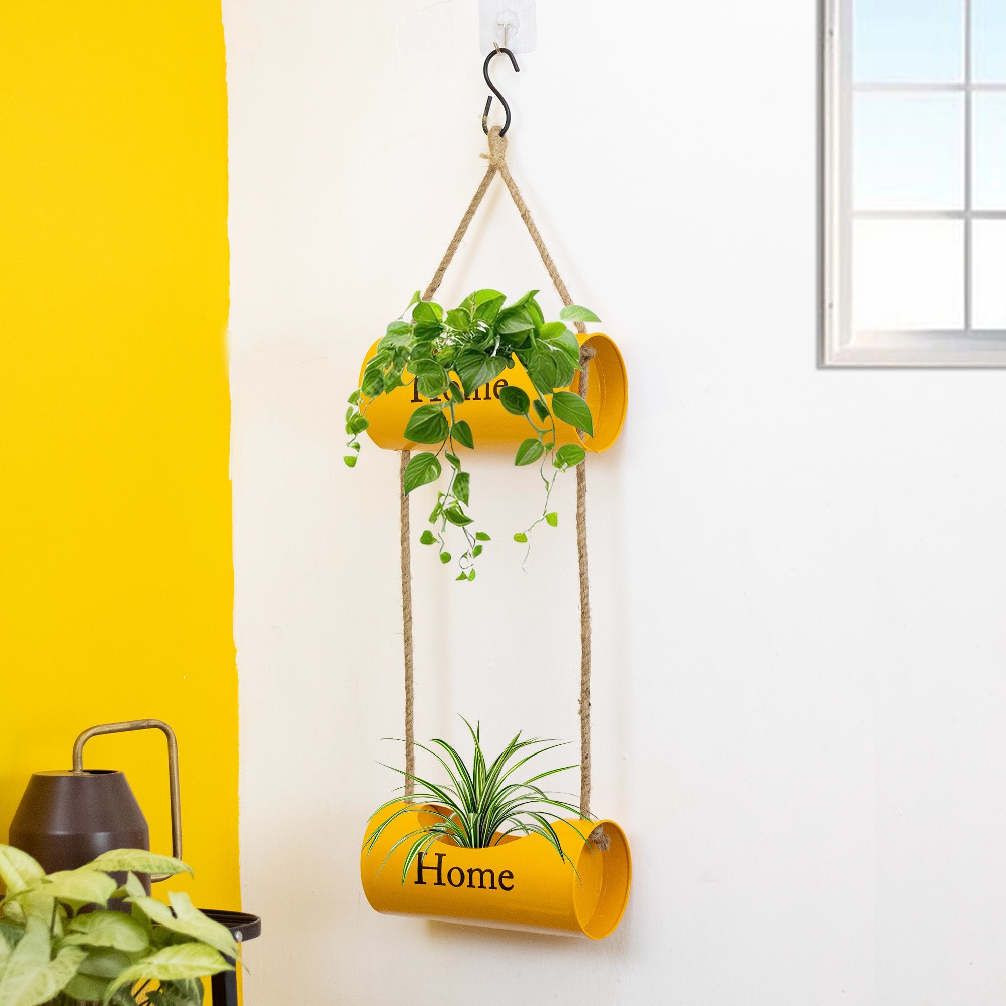Two-Tiered Indoor Hanging Metal Planter with Jute Ropes (Yellow) Hanging Decor Urban Plant 